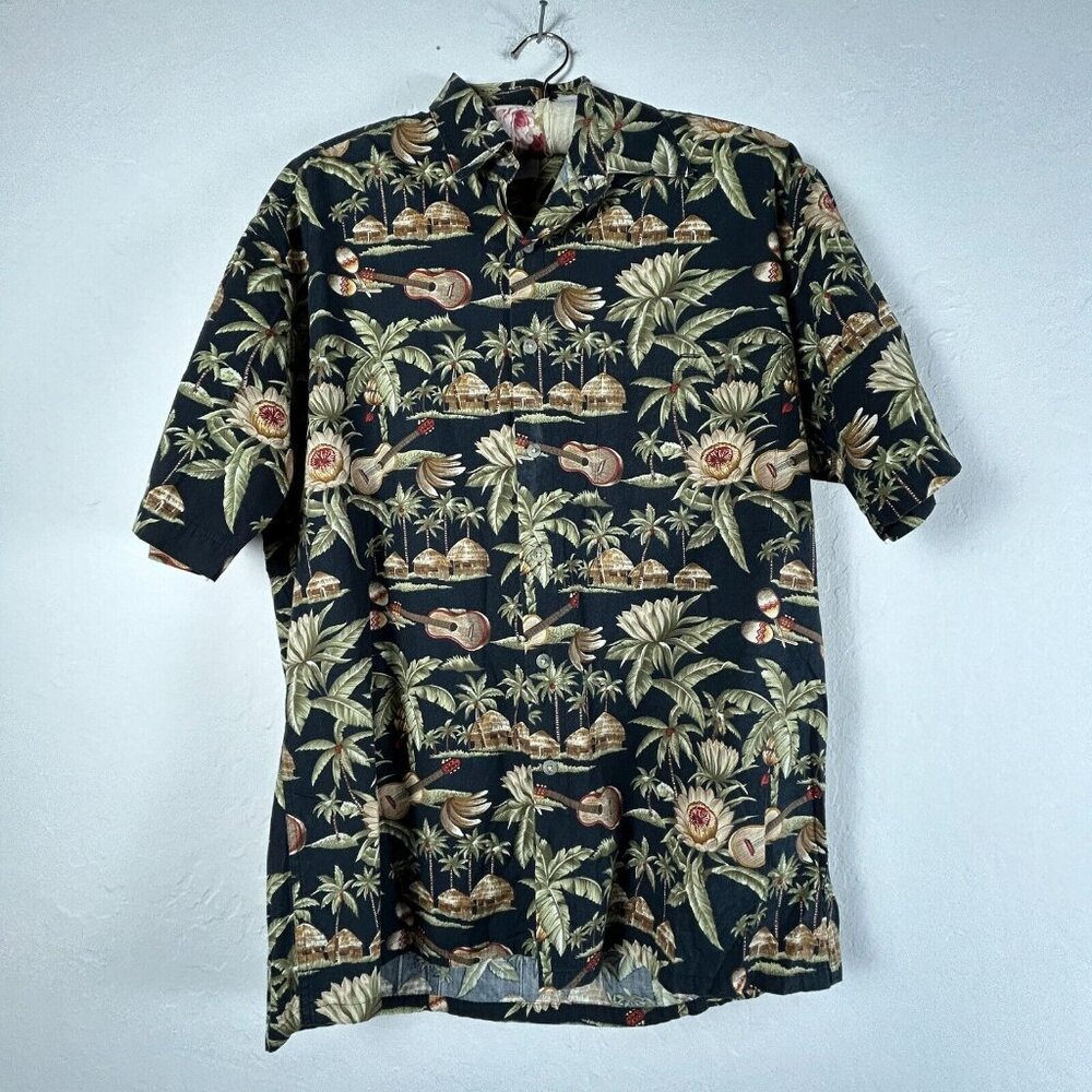 Half Moon Bay Men Hawaiian Shirt Medium Button Up Short Sleeve Palm Trees Guitar